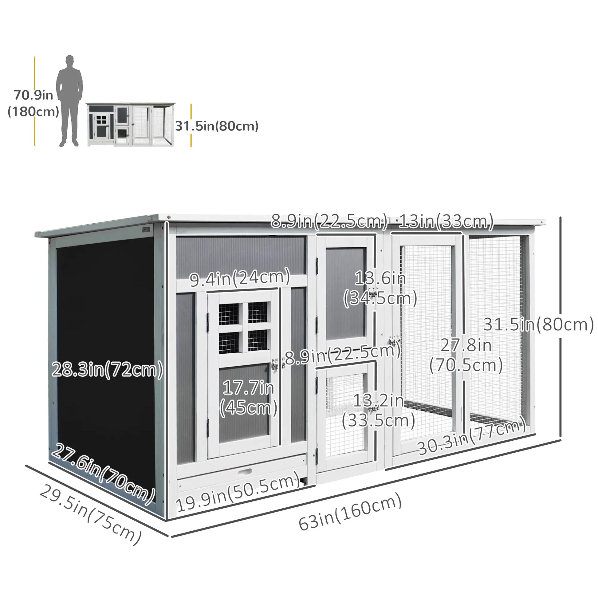 63" Wooden Chicken Coop, Rabbit Hutch, Nesting Box, Run, Grey Chicken Coops at Gallery Canada