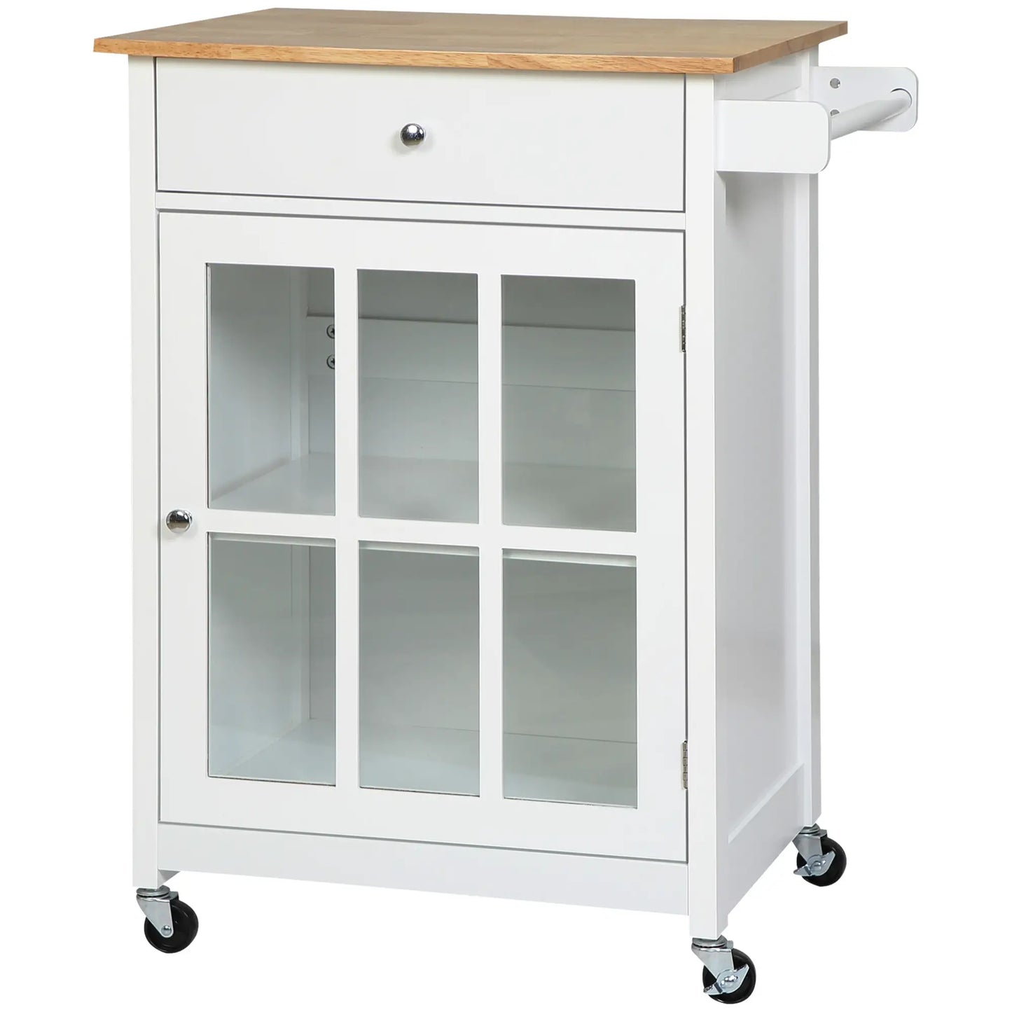 Rolling Kitchen Cart, Drawer Glass Door Cabinet, Island on Wheels, White Kitchen Islands & Kitchen Carts White, Oak at Gallery Canada