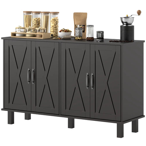 Kitchen Sideboard Cabinet, 4 Barn Doors, 2 Adjustable Shelves, Black