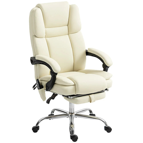 Reclining Massage Office Chair, 6-Point Vibration, Footrest, High Back, White
