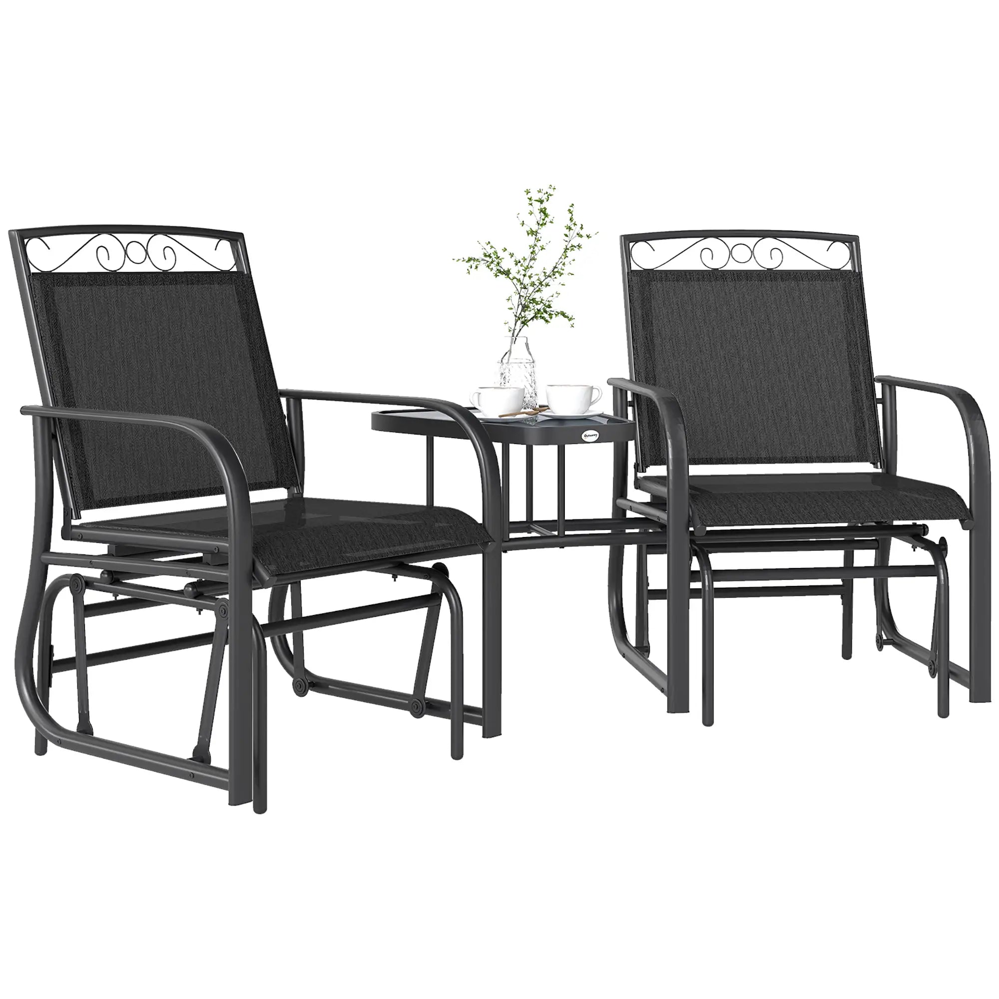 Outdoor Glider Bench with Coffee Table, 2-Seat Rocking Chair Swing, Black Outdoor Gliders at Gallery Canada