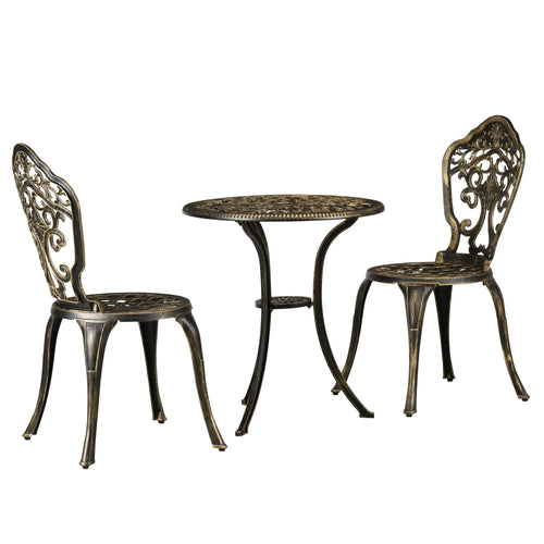 3 Piece Garden Bistro Set, 2 Chairs, Round Table with Parasol Hole, Bronze