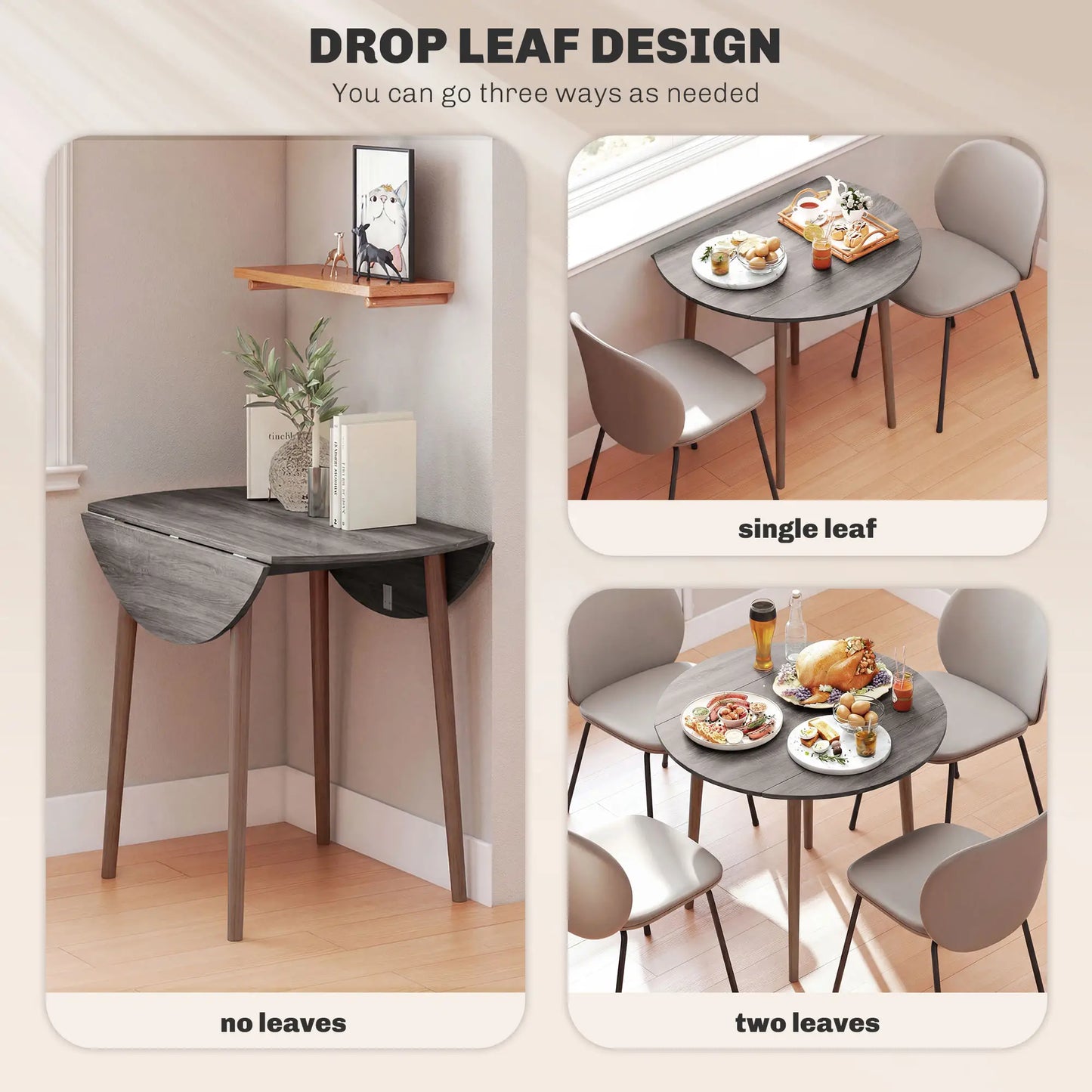 35" Folding Dining Table, Round Drop Leaf, Distressed Light Grey, Light Grey Dining Tables at Gallery Canada