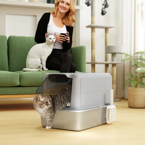Stainless Steel Cat Litter Box, Removable Lid & Scoop, Grey