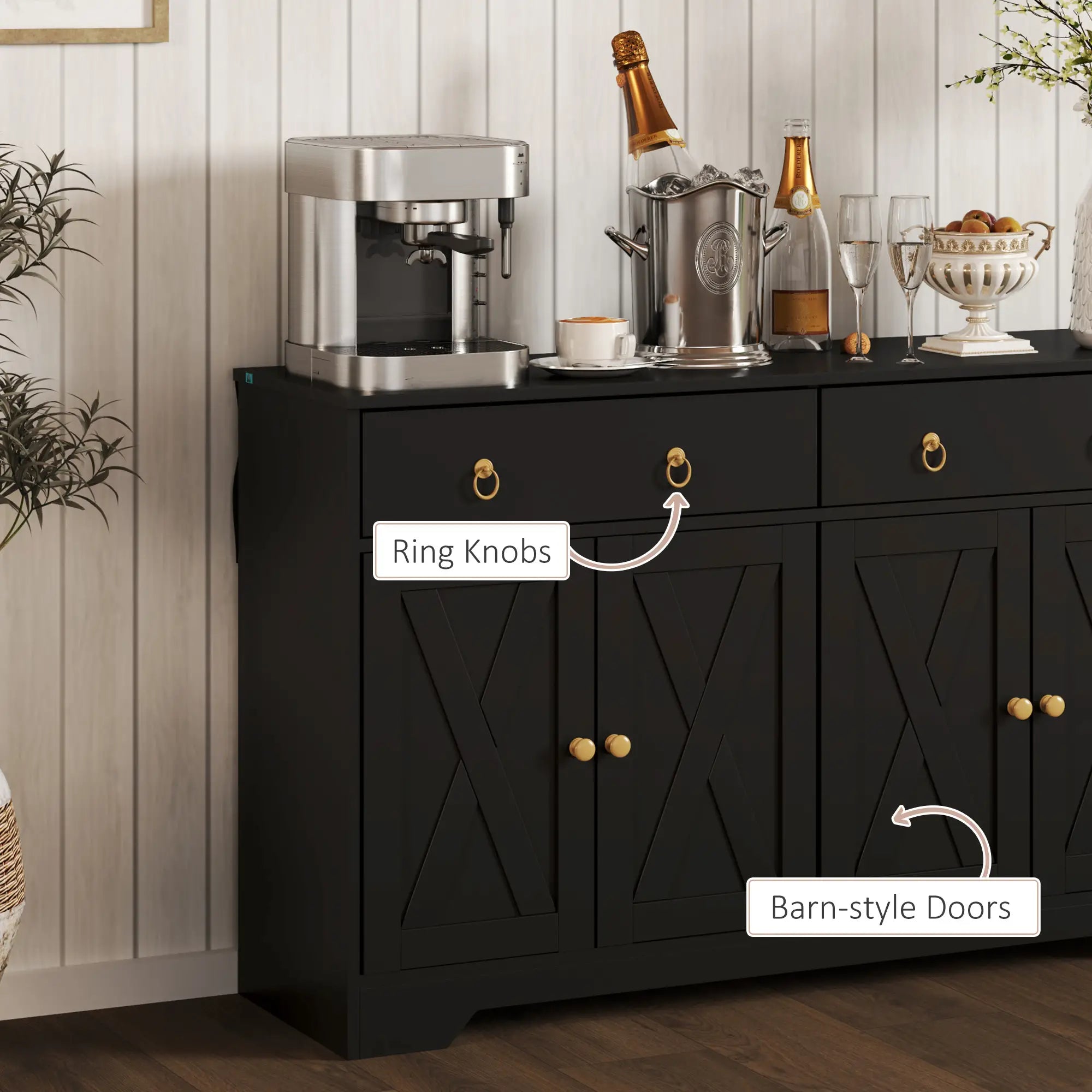 Sideboard Cabinet, 2 Drawers, 4 Barn Doors, 2 Adjustable Shelves, Black Bar Cabinets at Gallery Canada