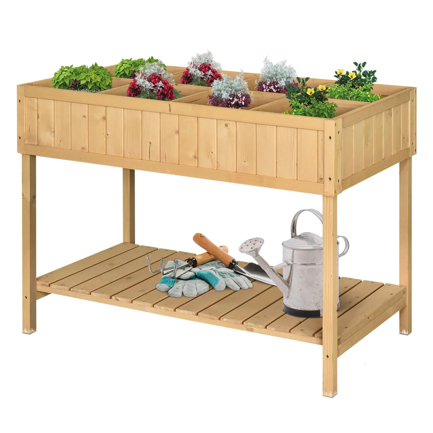 43.25" x 18" x 30" Raised Garden Bed, Wooden Plant Stand, 8 Grid Box, Natural Wood Elevated Garden Beds at Gallery Canada