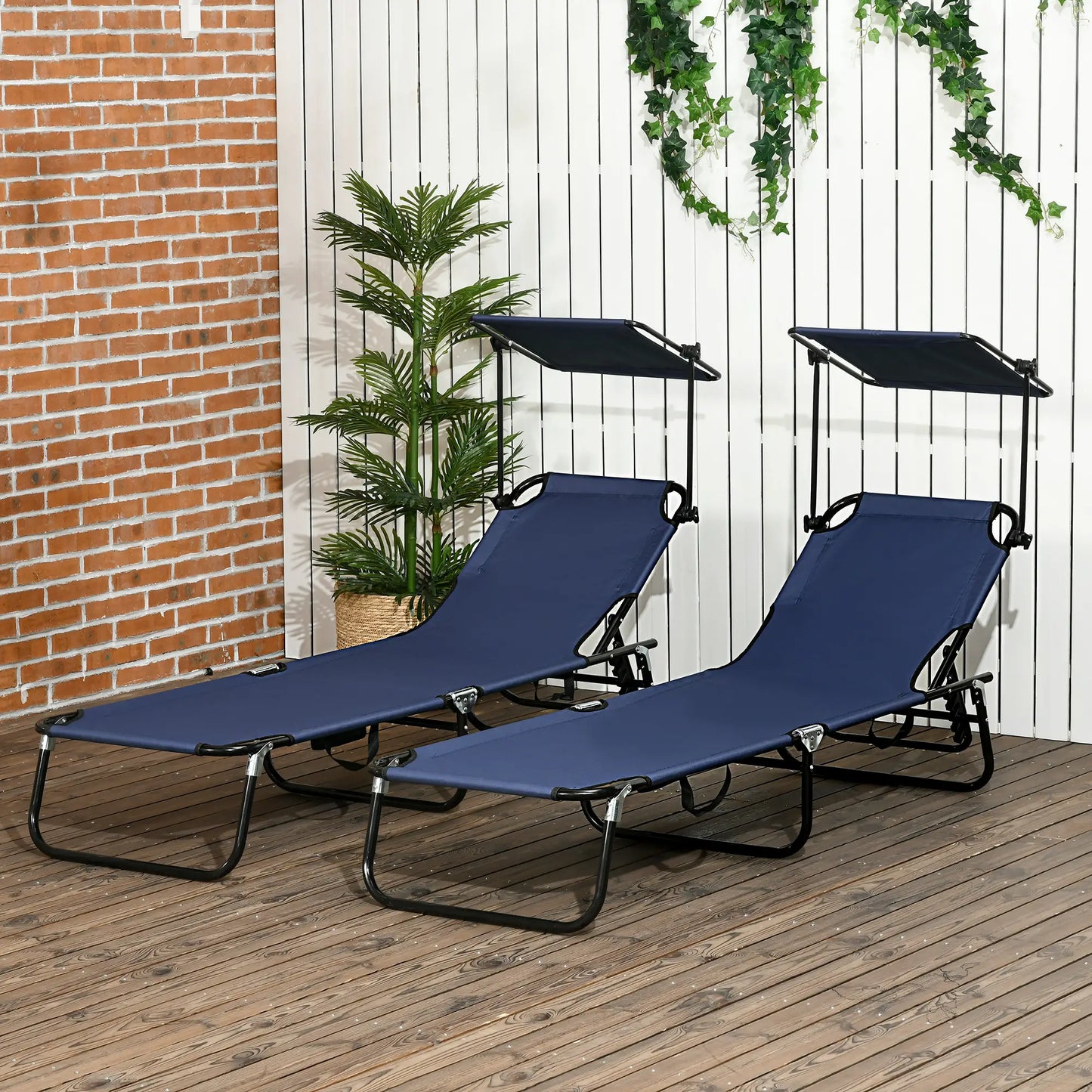 2 Piece Folding Chaise Lounges, Reclining Back, Sunshade, Blue Lounger Chairs at Gallery Canada
