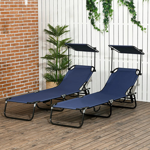 2 Piece Folding Chaise Lounges, Reclining Back, Sunshade, Blue