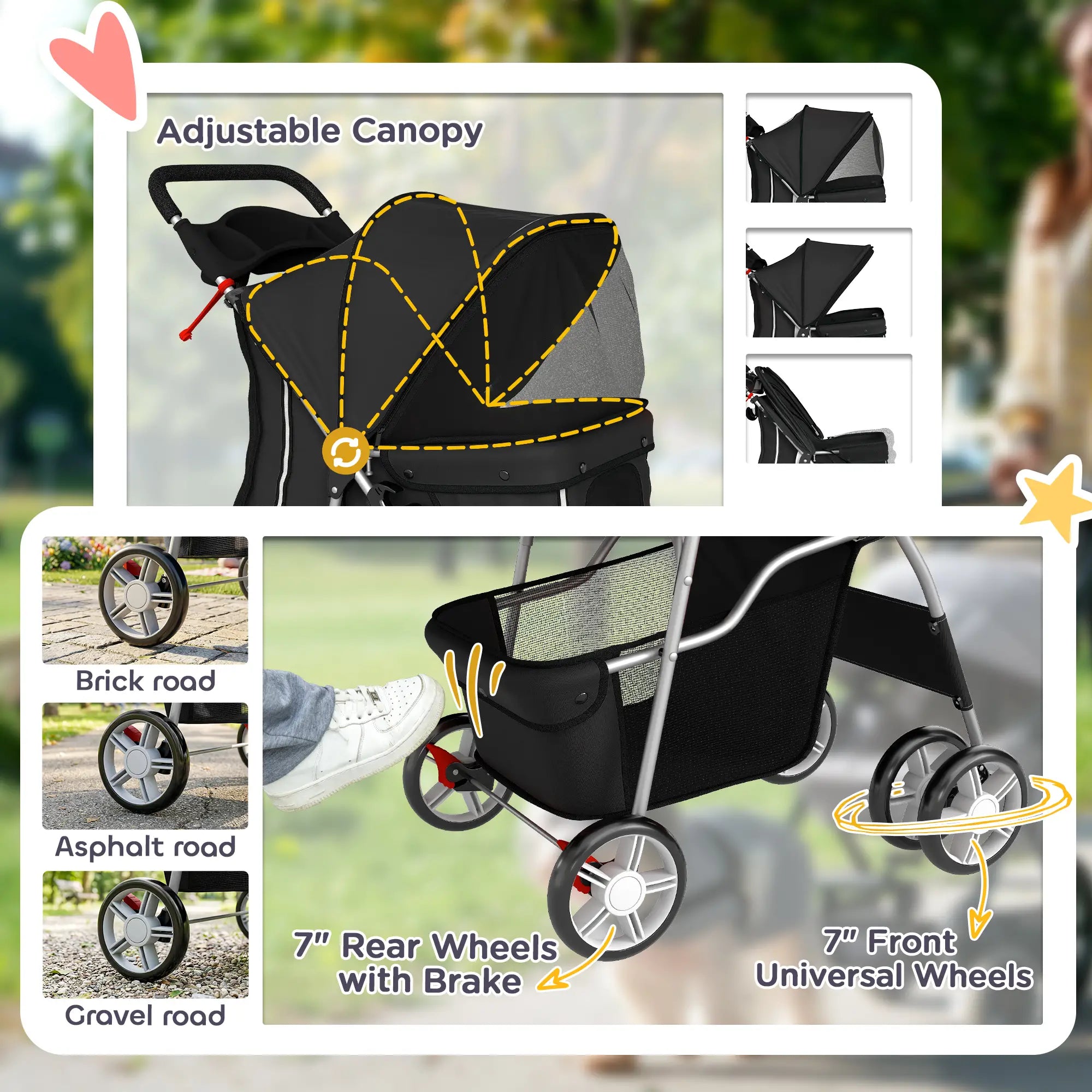 Foldable Pet Stroller With 360° Swivel Wheels, Reflective Strips, Black Dog Bike Trailers & Strollers at Gallery Canada