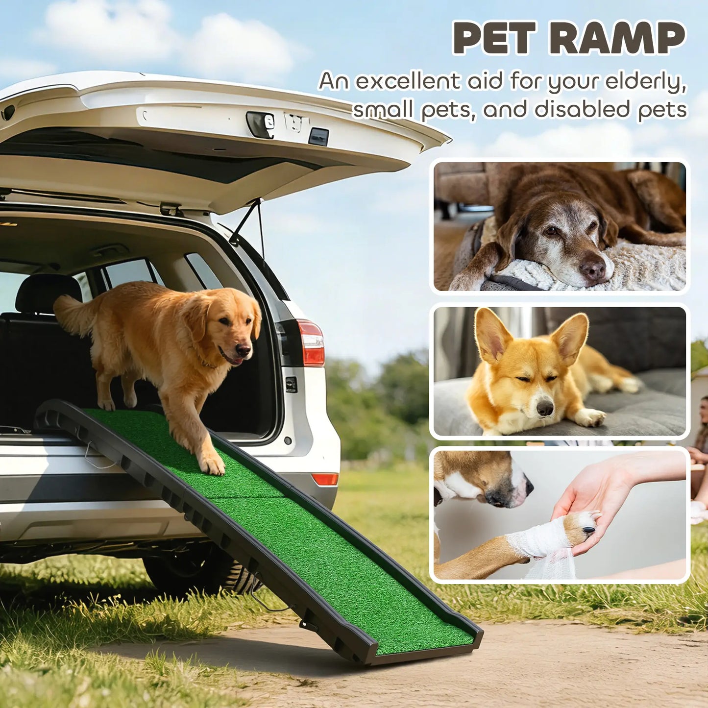 61 Pouces Rampe pour Animaux de Compagnie Pliable avec Surface en Herbe, Garde-Corps Surélevés