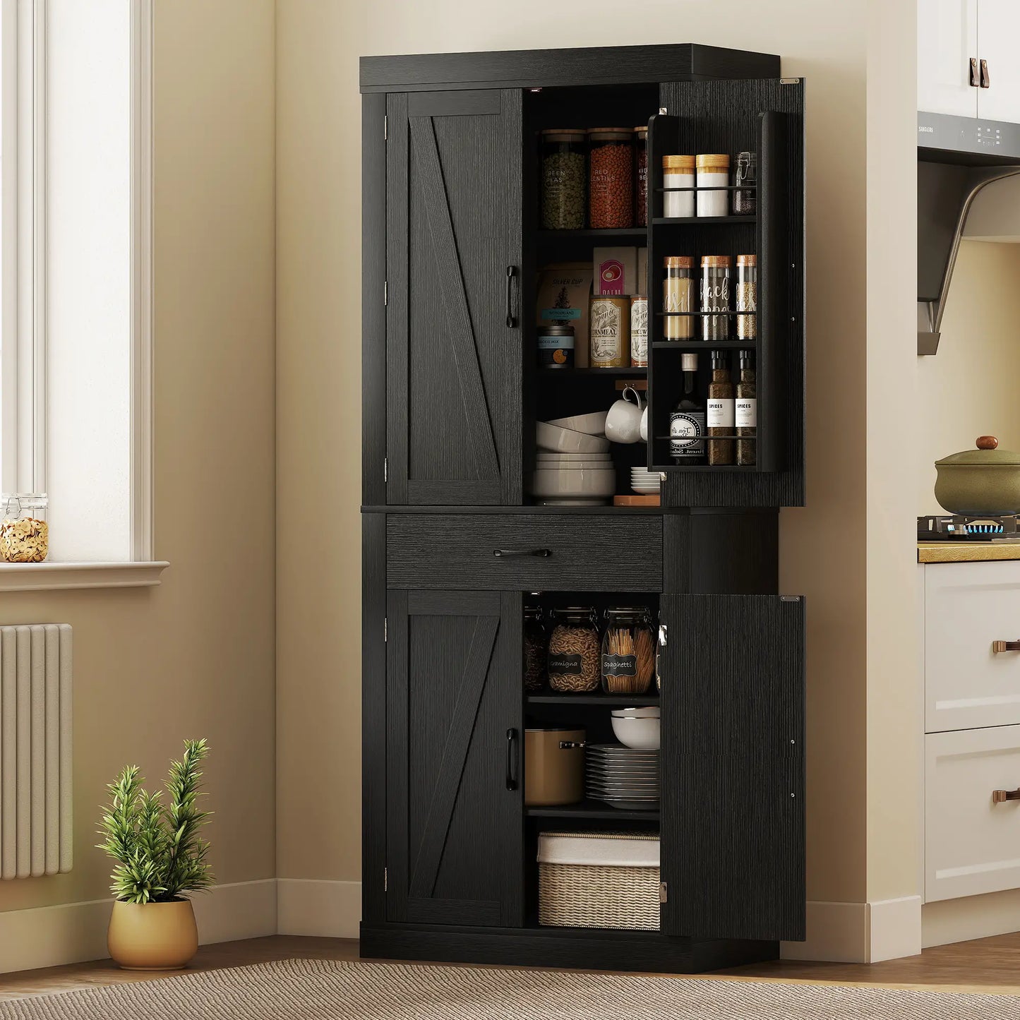 72 Inch Kitchen Pantry Cabinet, Farmhouse Storage, 4 Barn Doors, Black Kitchen Pantry Cabinets at Gallery Canada