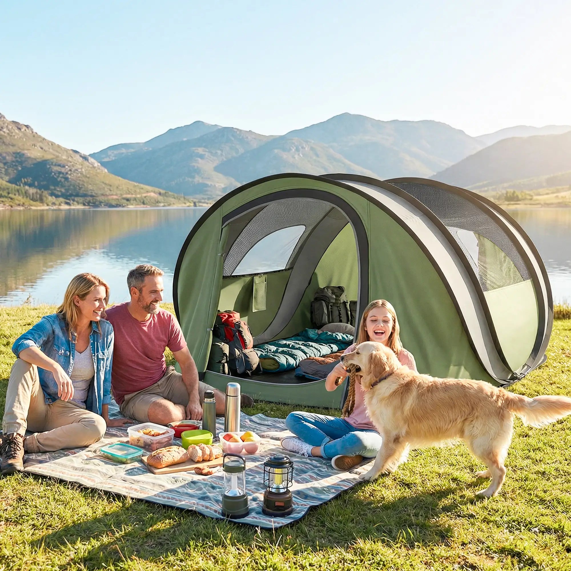 4-5 Person Pop-Up Camping Tent, Waterproof, 2 Doors 2 Windows, Green Camping Tents at Gallery Canada