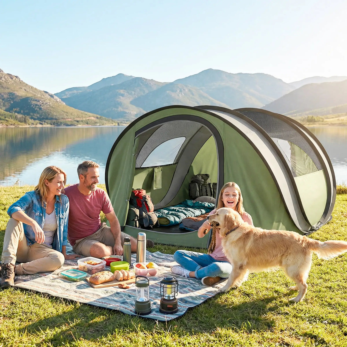 4-5 Person Pop-Up Camping Tent, Waterproof, 2 Doors 2 Windows, Green Camping Tents at Gallery Canada