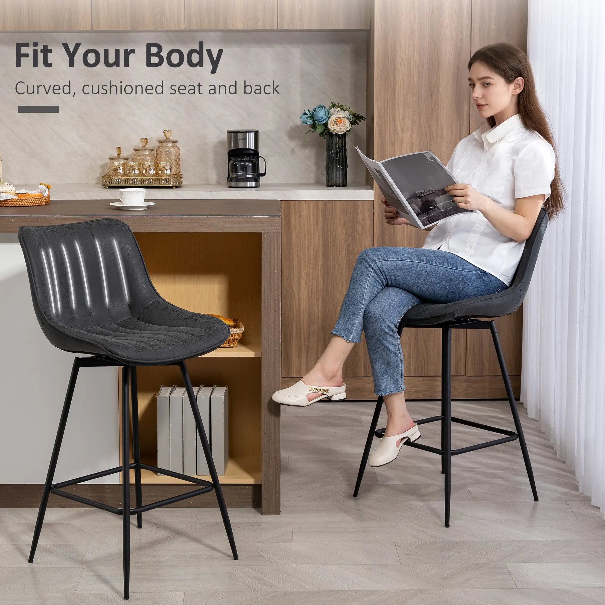 Set of 2 Counter Height Barstools, PU Leather, Black Bar Stools at Gallery Canada