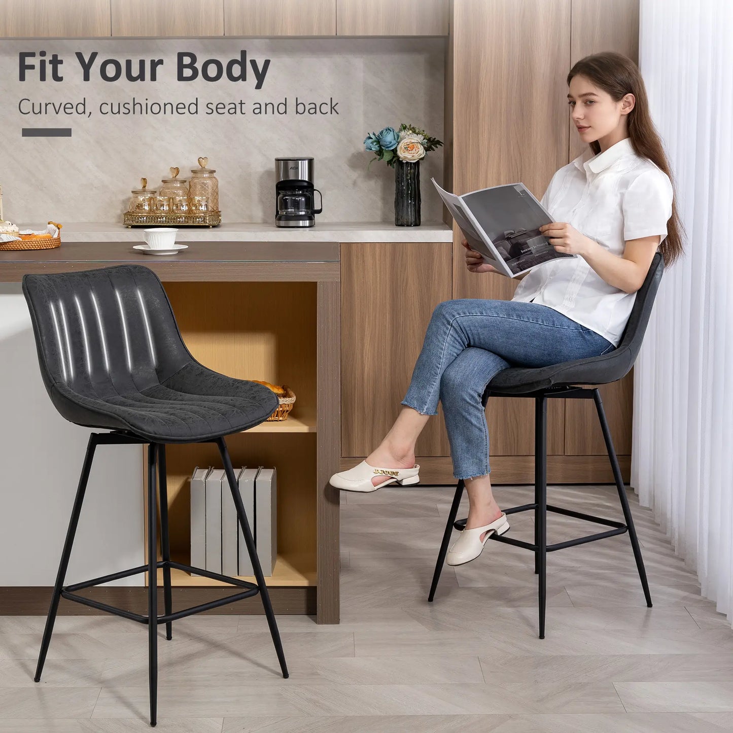 Set of 2 Counter Height Barstools, PU Leather, Black Bar Stools at Gallery Canada