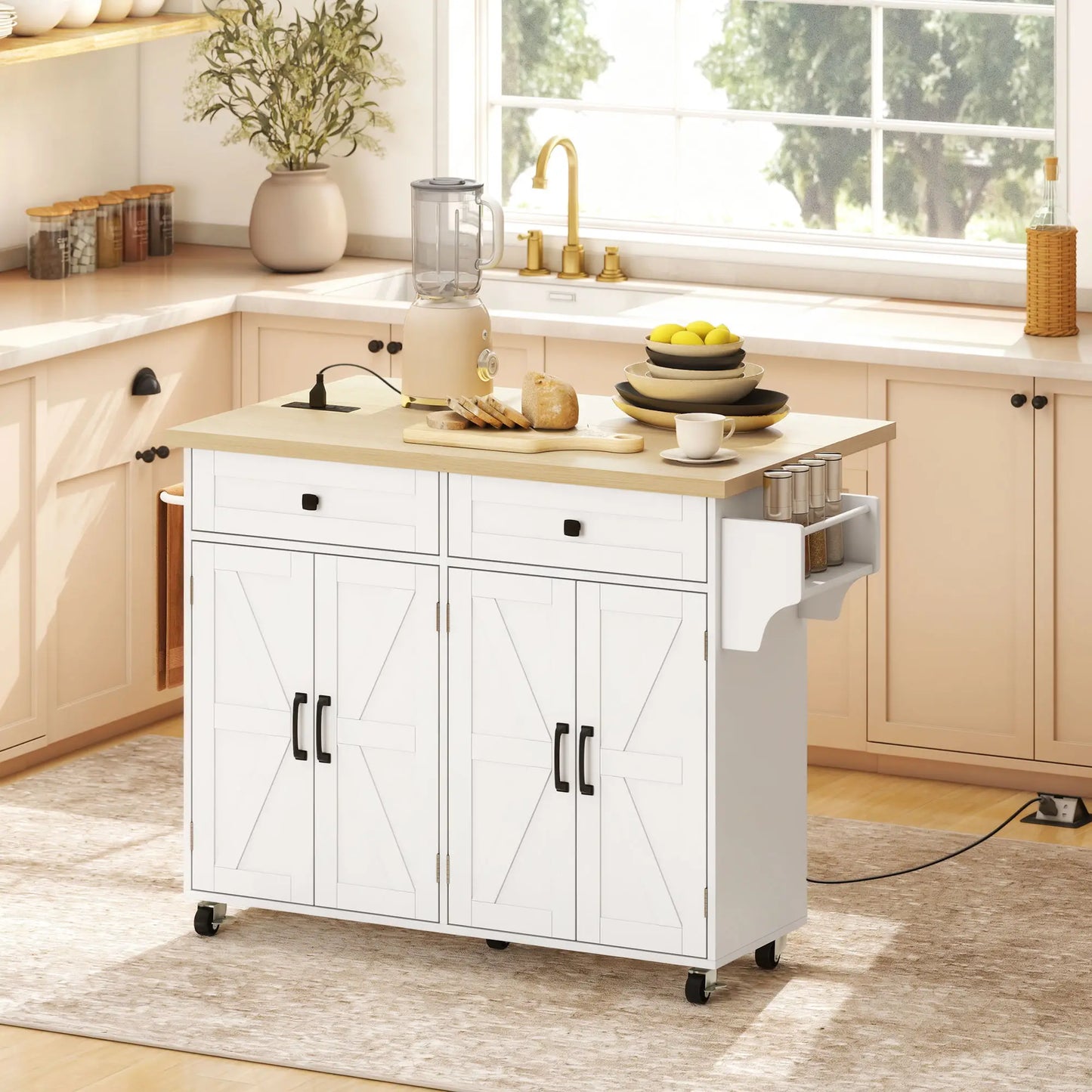 Rolling Kitchen Cart With Charging Station, Drop Leaf, Drawers