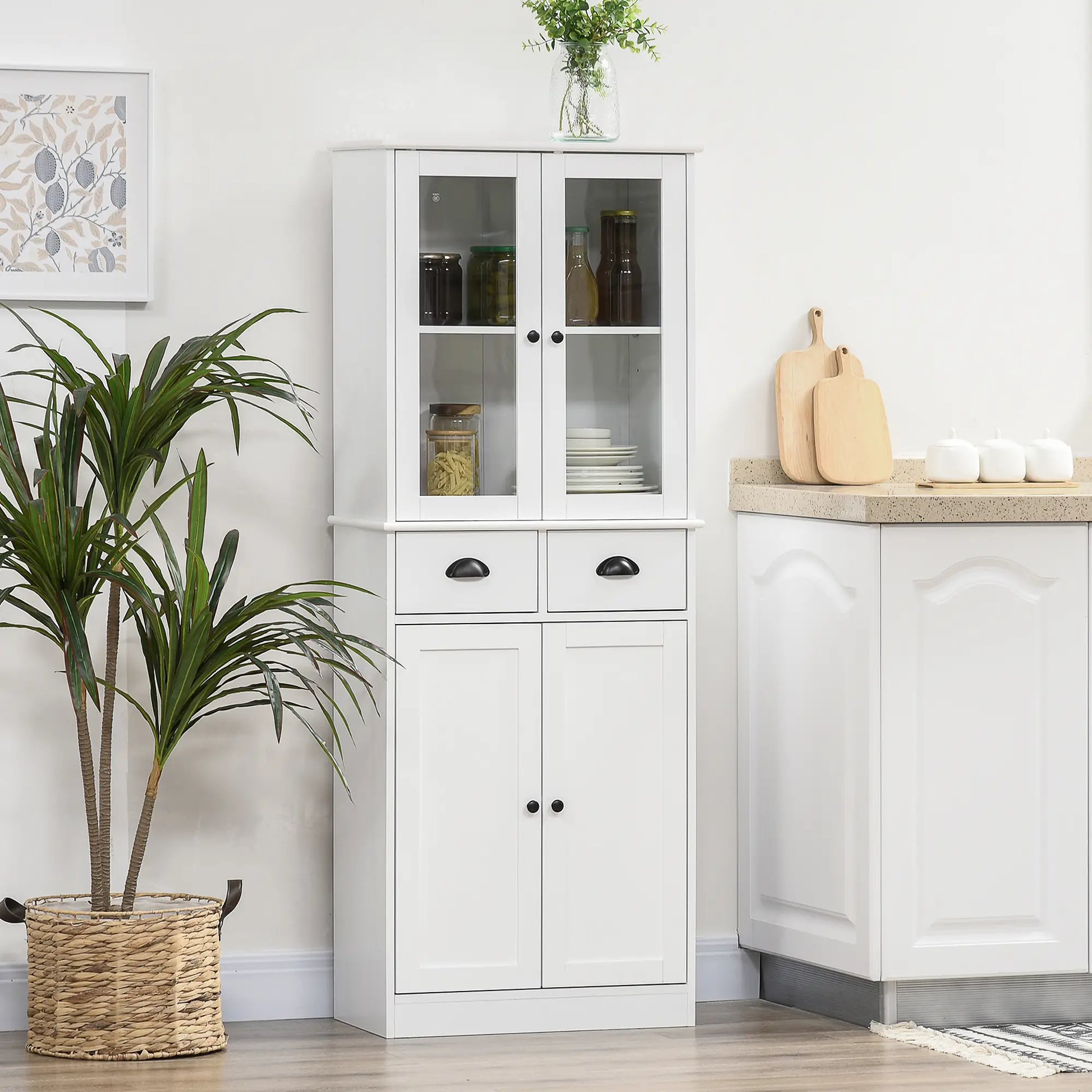 61" Kitchen Pantry Cabinet, Freestanding Farmhouse Style, White Kitchen Pantry Cabinets at Gallery Canada