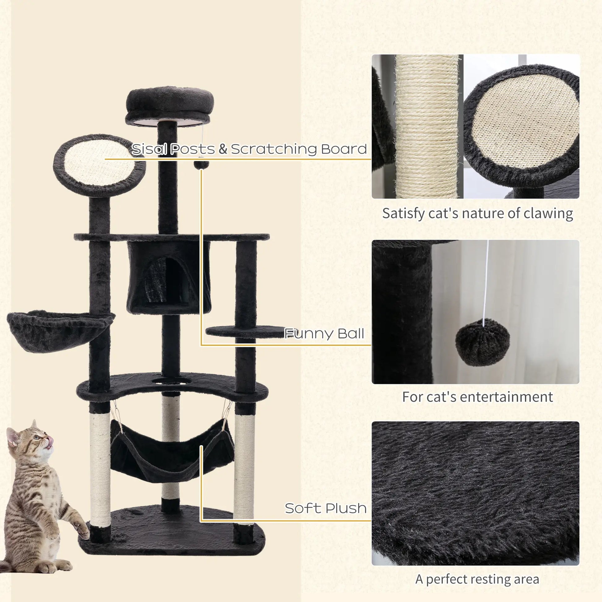60" Multi-Level Plush Cat Tree, Scratching Posts, 2 Hammocks, Dark Grey Cat Trees at Gallery Canada