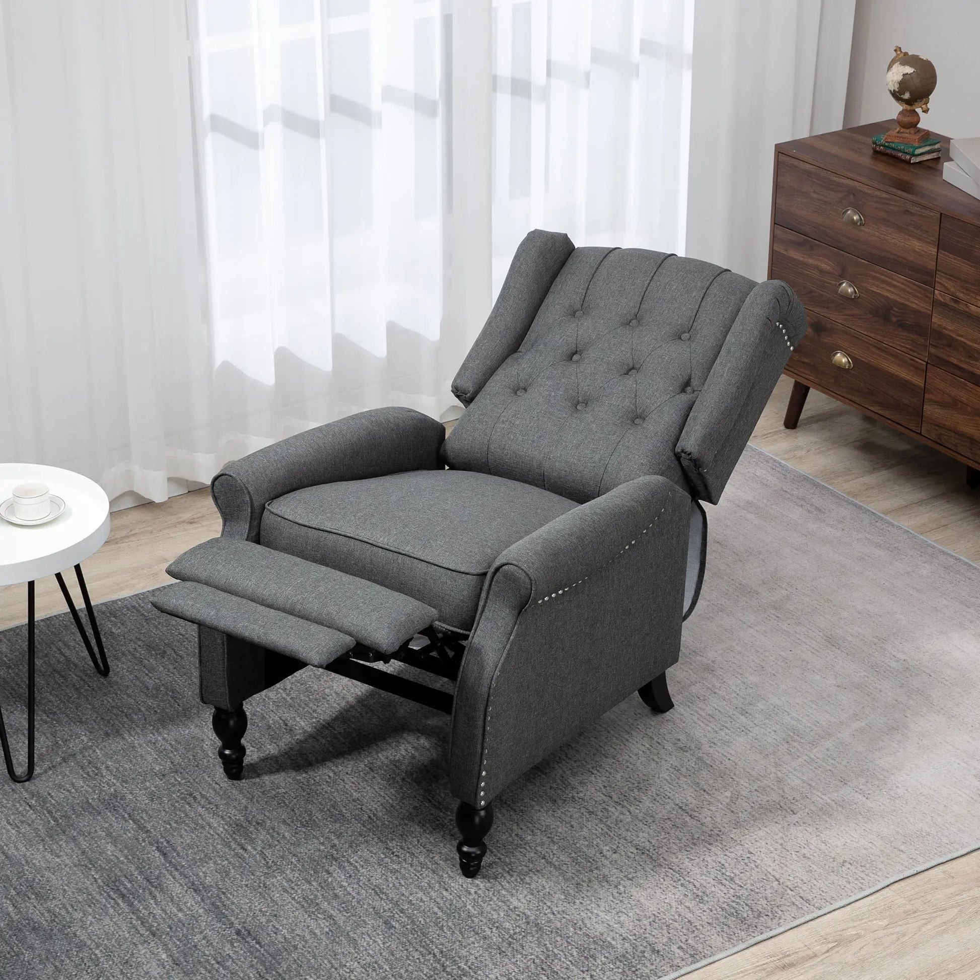 Wingback Reclining Chair with Footrest, Button Tufted, Dark Grey Single Sofas at Gallery Canada