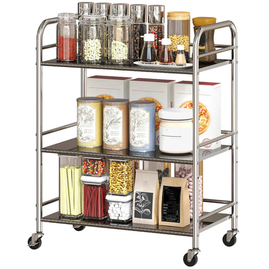 3 Tier Stainless Steel Rolling Cart, Adjustable Shelf, Wheels, Silver Kitchen Islands & Kitchen Carts Silver at Gallery Canada