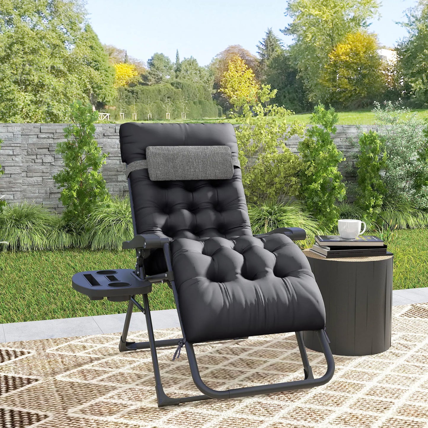 Padded Folding Recliner Chair, Adjustable Backrest, Removable Cushion, Black Lounger Chairs at Gallery Canada