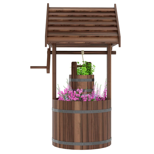 Wood Wishing Well Planter, With Hanging Bucket And Drainage, Tan