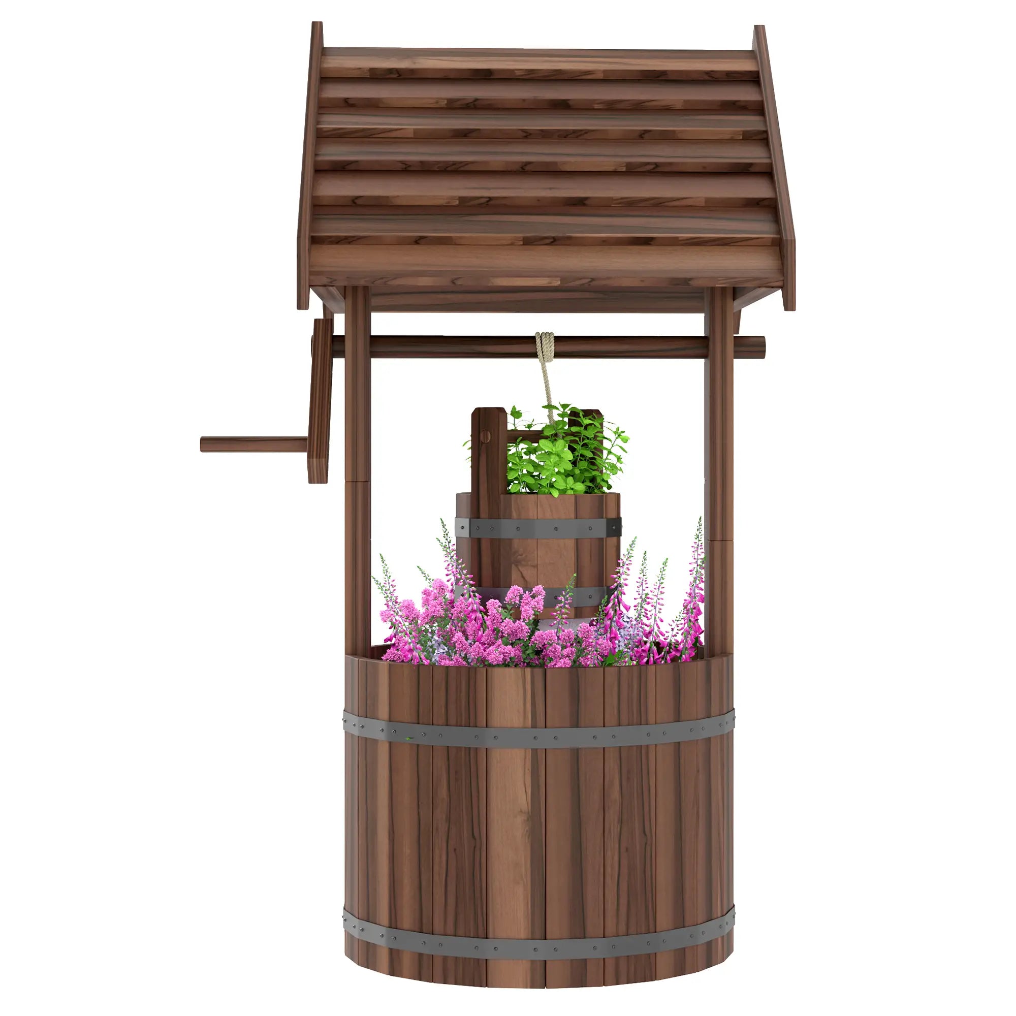 Wood Wishing Well Planter, With Hanging Bucket And Drainage, Tan Water Fountains Tan at Gallery Canada