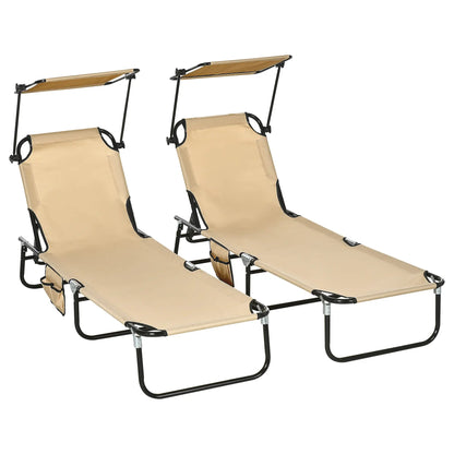 2 Piece Folding Chaise Lounges, Reclining Back, Sunshade, Pool, Beach, Patio