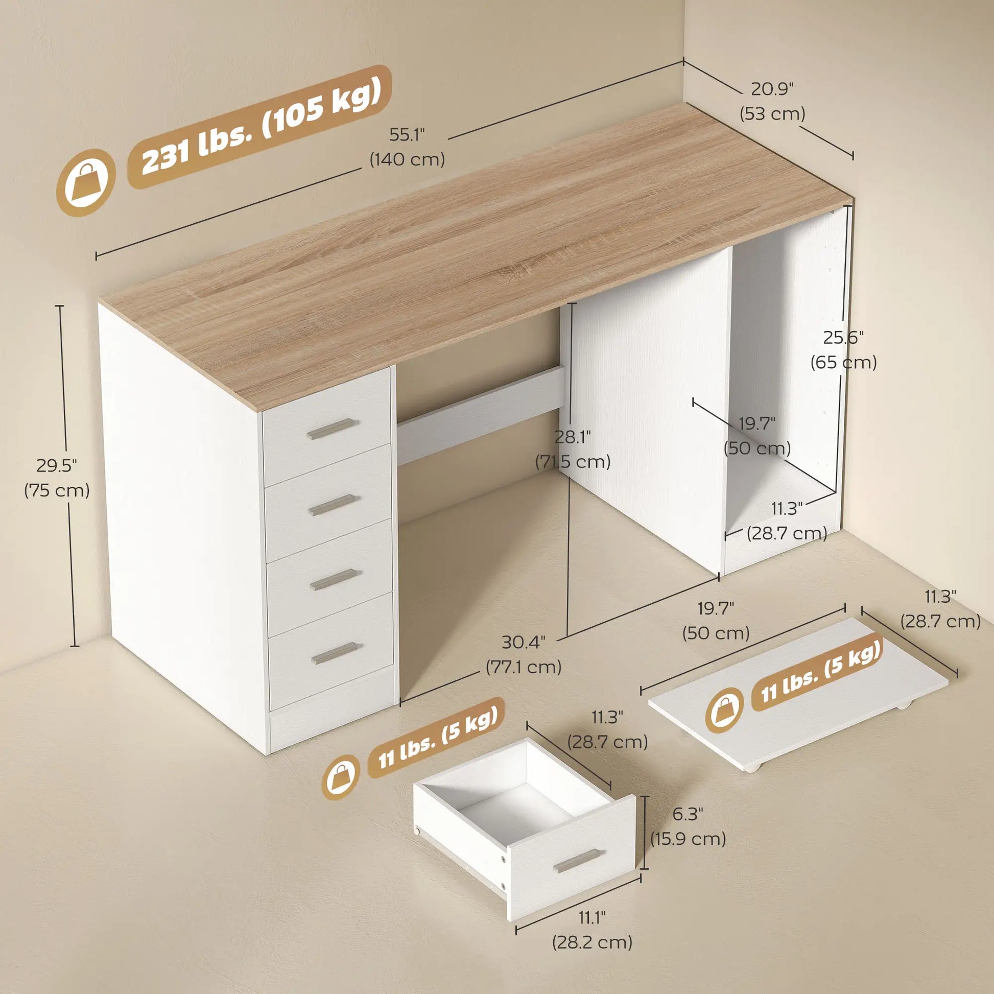 55 Inch Office Desk, White Wood Grain, 4 Reversible Drawers, Adjustable Shelf, White Computer Desks at Gallery Canada