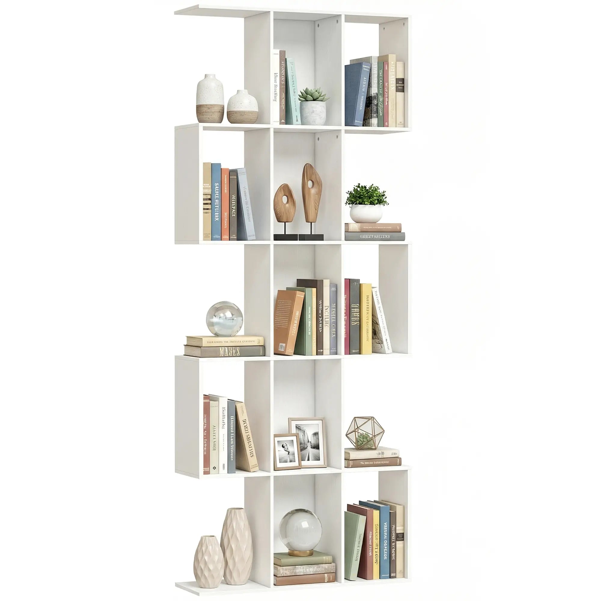 5-Tier Bookshelf, S Shaped Geometric Bookcase, White Wood Grain, White Display Bookshelves at Gallery Canada