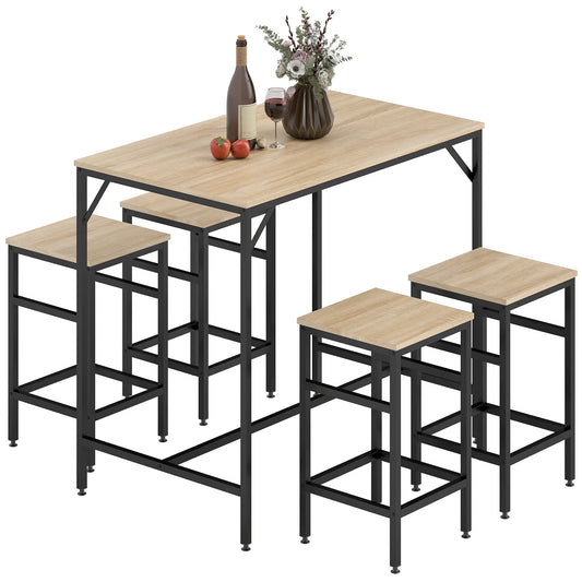 5-Piece Industrial Rectangular Bar Table Set, 4 Stools, Oak Bar Sets Black, Oak at Gallery Canada