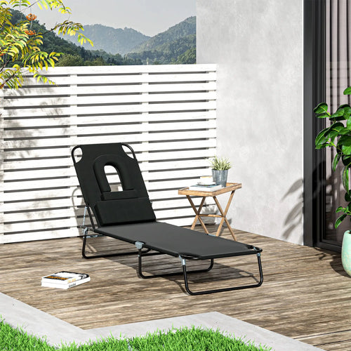 Adjustable Outdoor Lounge Chair, Folding Chaise with Face Hole, Black