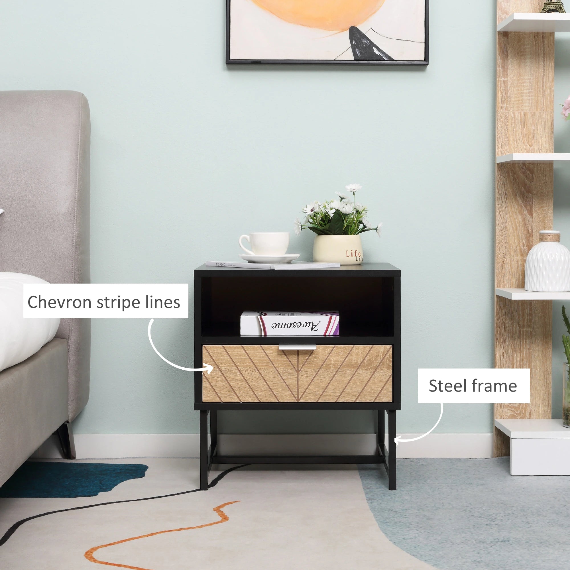 Modern Bedside Table with Drawer, Storage Shelf, Oak, Black Bedside Tables at Gallery Canada