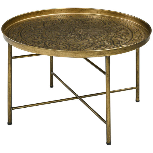 Vintage Coffee Table, 24" Round, Hammered Tray Top, Metal Frame, Gold Coffee Tables Gold at Gallery Canada