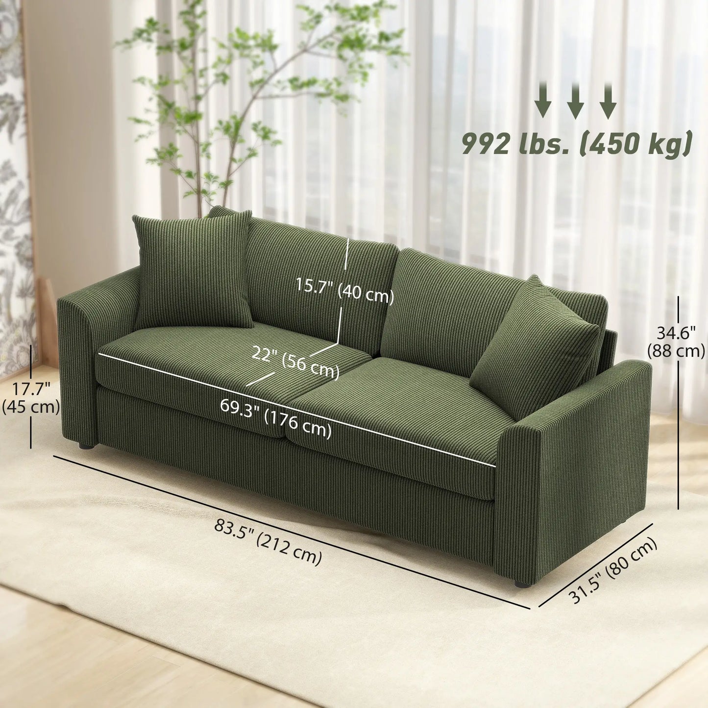 3 Seater Sofa, 83.5" Upholstered Couch, Pocket Spring, 2 Cushions, Green 3-Seater Sofas at Gallery Canada