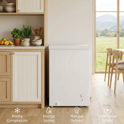 3.5 Cu.Ft Chest Freezer, Adjustable Thermostat, Wire Basket, White Small Kitchen Appliances at Gallery Canada
