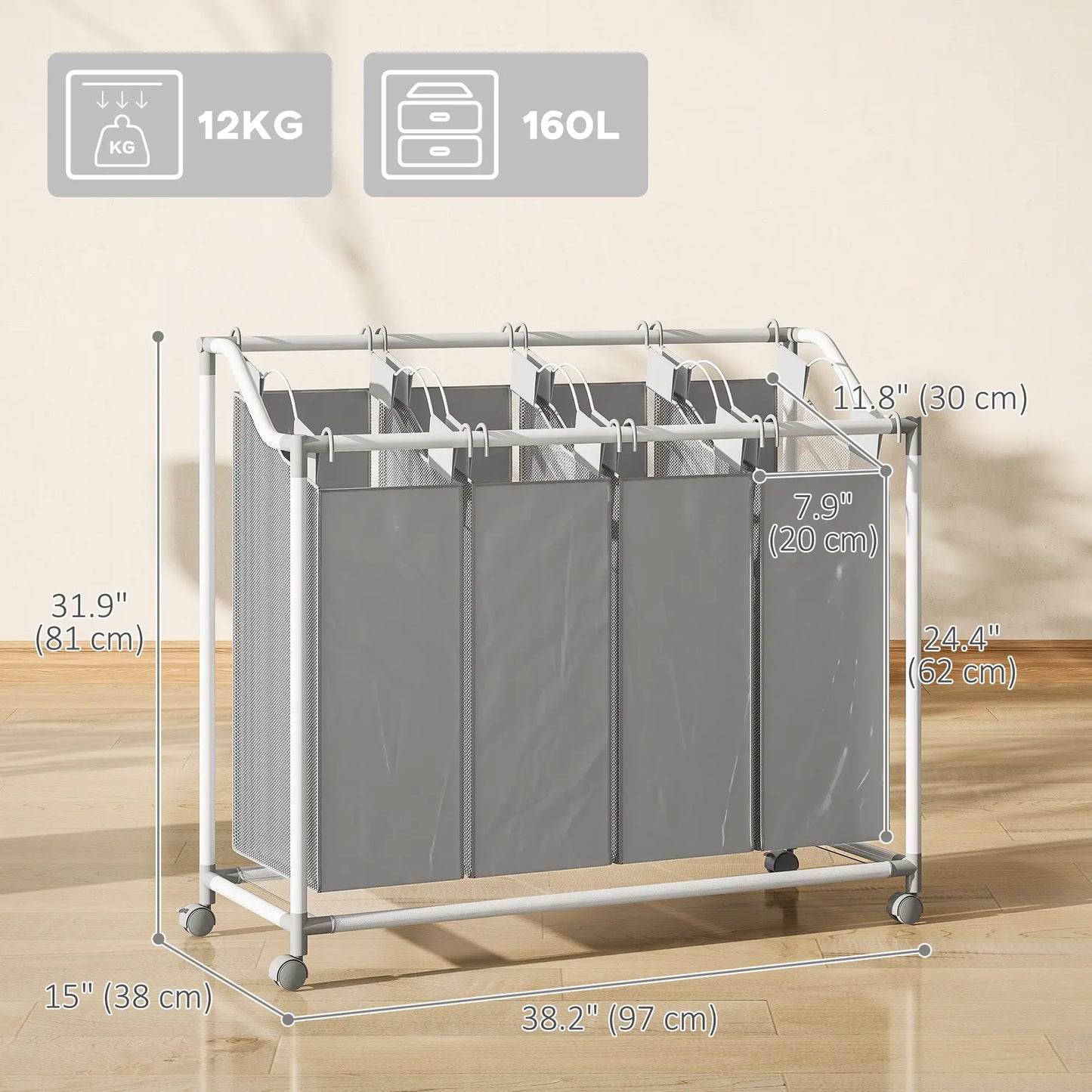 160L Laundry Hamper with Wheels, 4 Removable Bags, Grey Bath Accessories at Gallery Canada