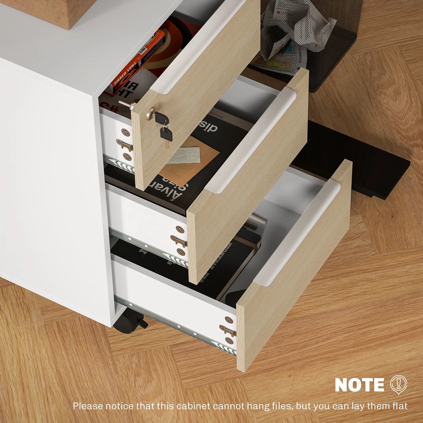 3 Drawer File Cabinet With Wheels, Vertical, Lock, Oak Office Cabinets & Cupboards at Gallery Canada