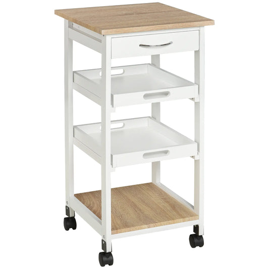 4-Tier Kitchen Cart, Removable Serving Tray, Wheels with Drawer, White Kitchen Islands & Kitchen Carts White, Oak Veneered Top at Gallery Canada