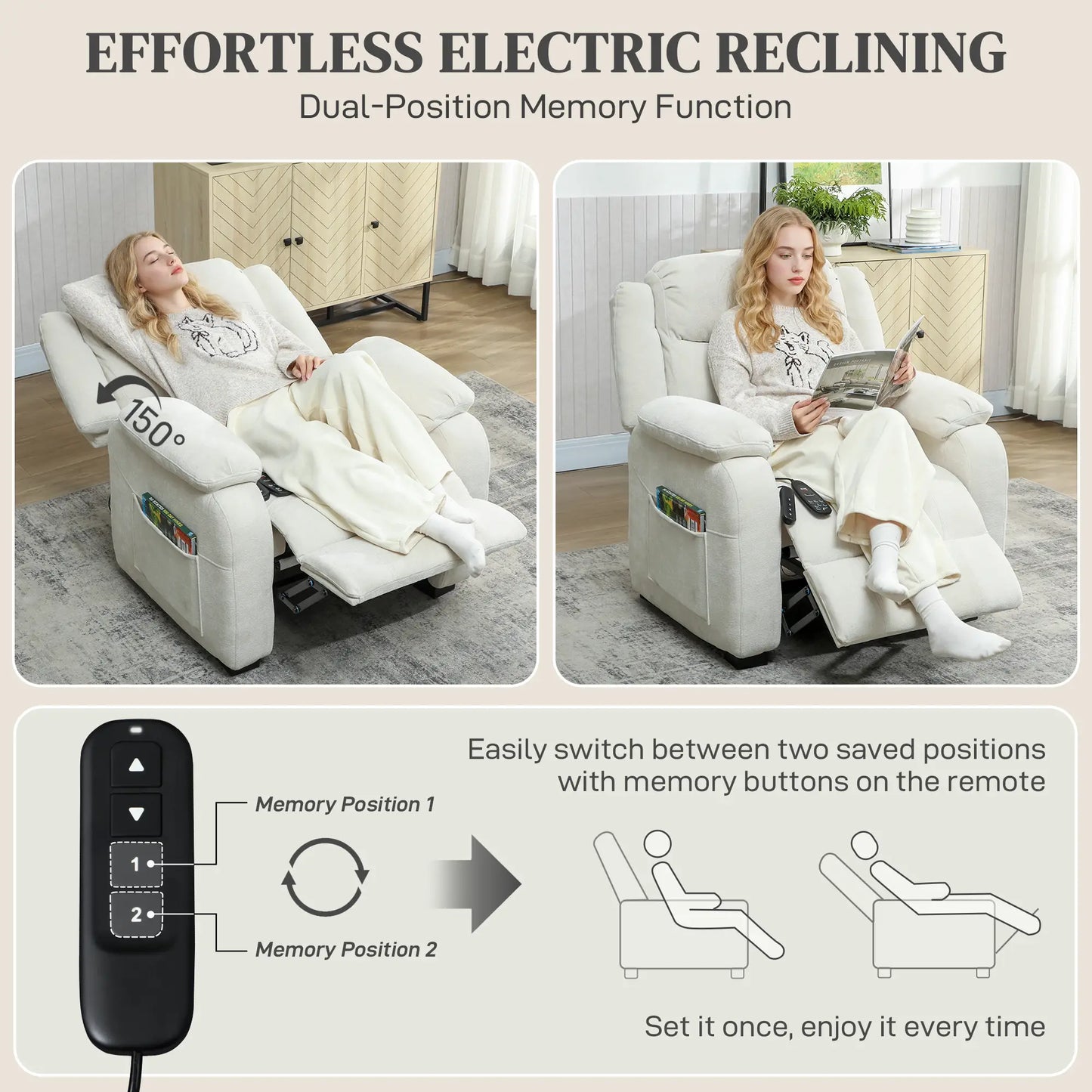 Massage Recliner Chair, Power Recliner, Remote, Pockets, 2 Memory Positions, Beige Single Sofas at Gallery Canada