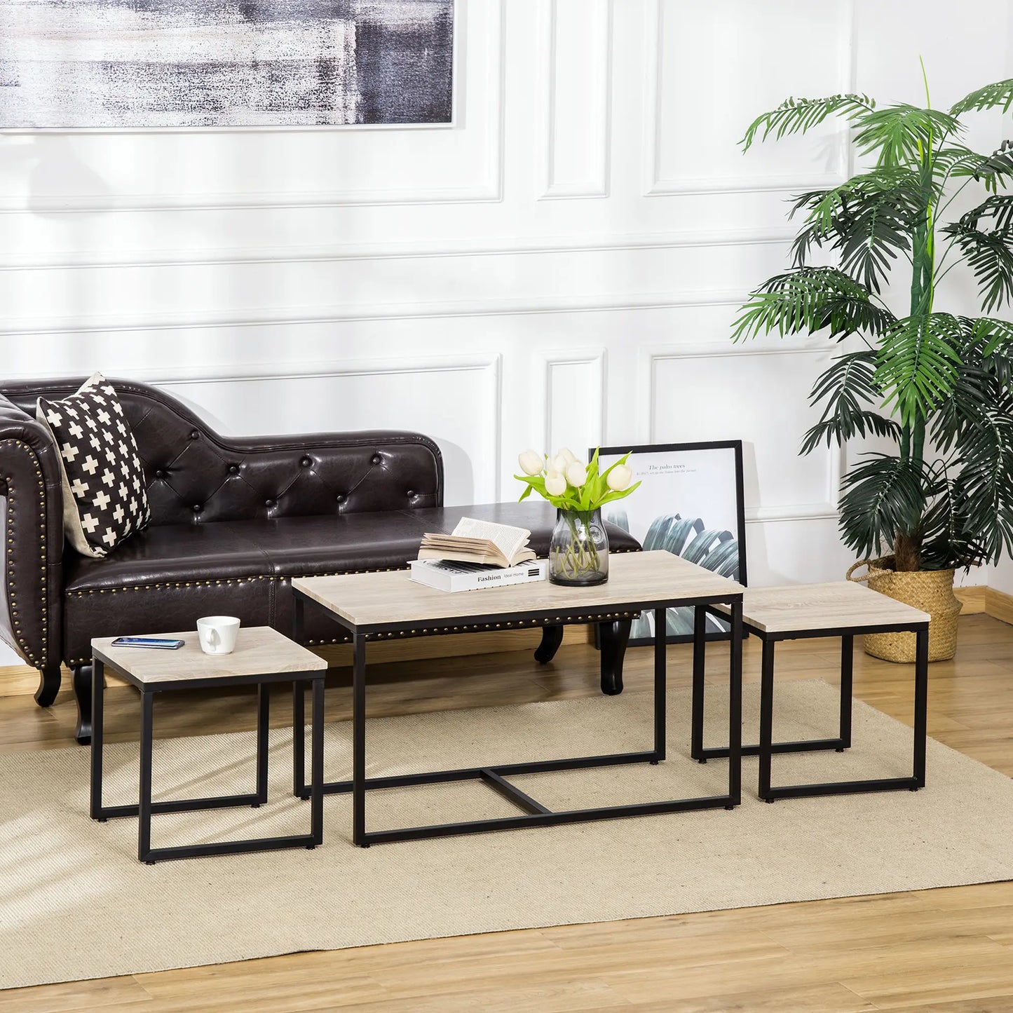 Nesting Coffee Table Set of 3, Metal Frame, Natural, Black Coffee Tables at Gallery Canada