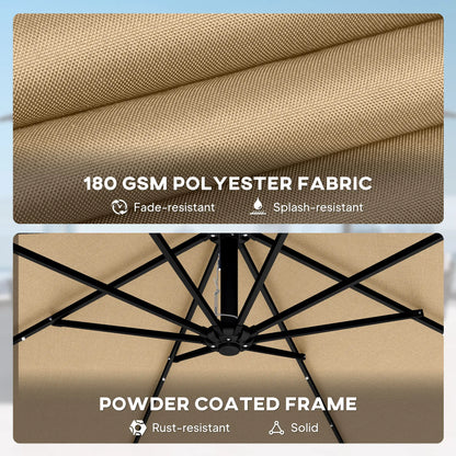 9.7ft Solar LED Cantilever Patio Umbrella, 32 Lights, Cross Base, Crank Handle, Khaki Offset Cantilever Umbrellas at Gallery Canada