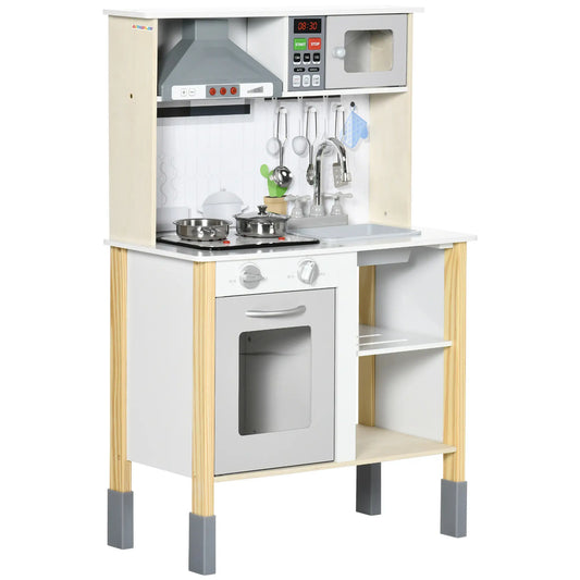Wooden Play Kitchen, Realistic Lights Sounds, Microwave, Range Hood, White Play Kitchen Grey, White at Gallery Canada