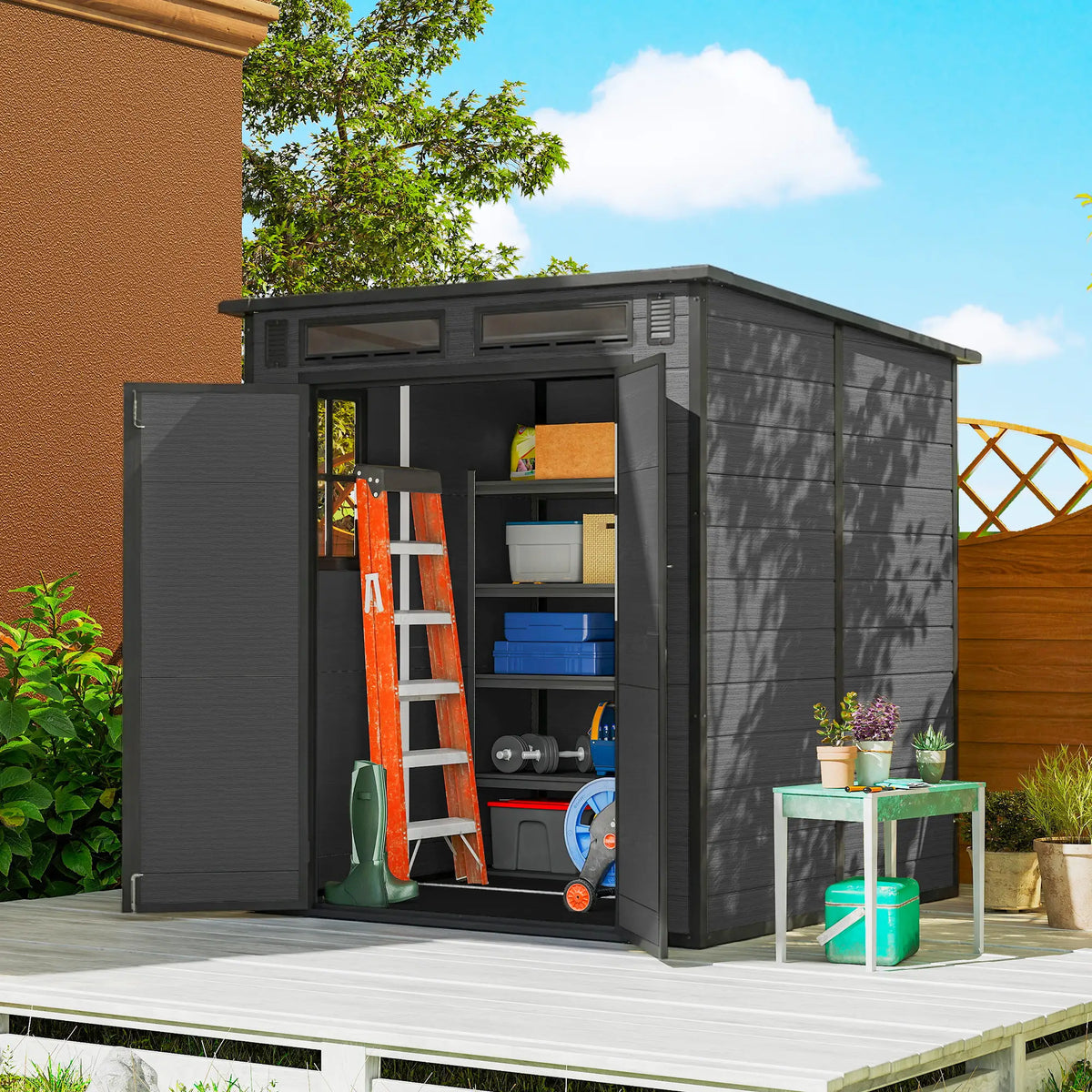 Abri de rangement extérieur 6' x 6', abri de jardin en plastique, gris foncé, gris foncé