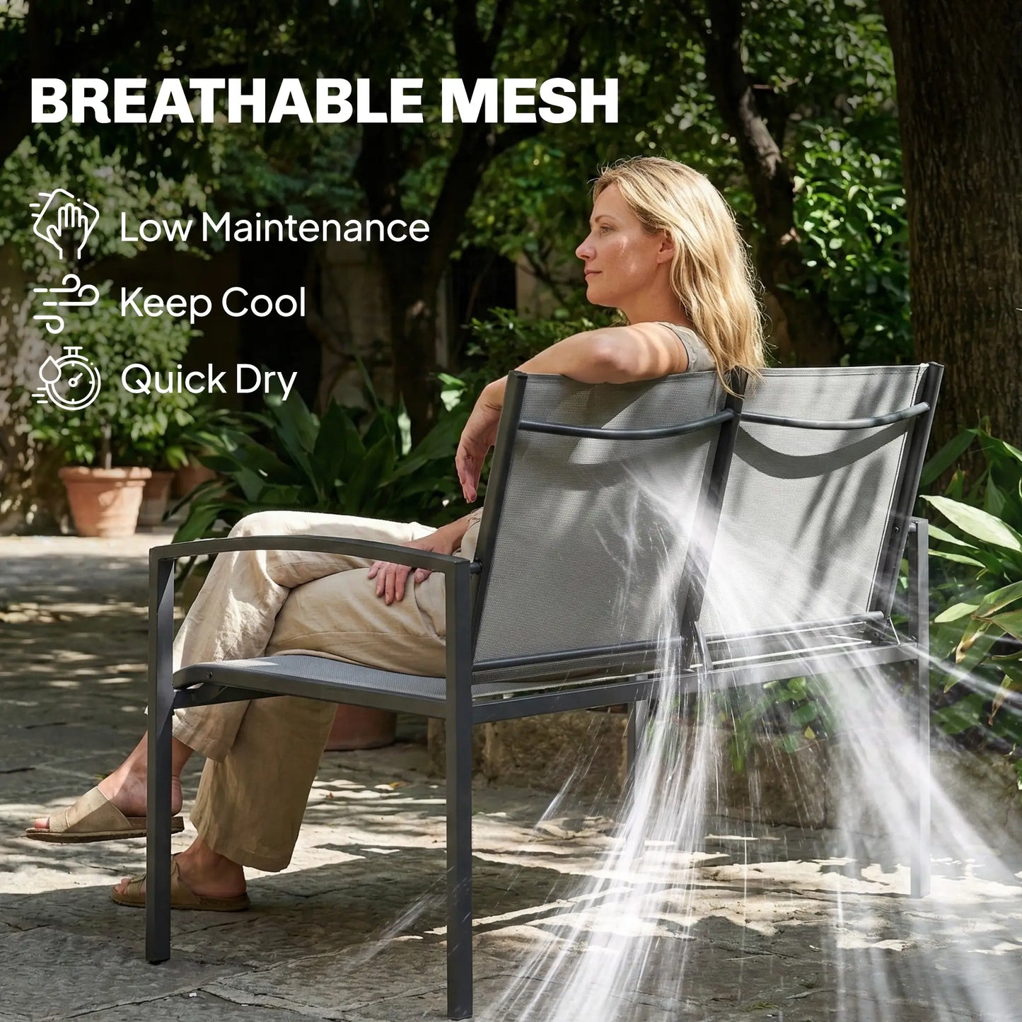 Metal Garden Bench, 44 in, Breathable Mesh Fabric, 484 lb Capacity, Grey Outdoor Benches at Gallery Canada