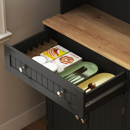 68" Pantry Cabinet with Charging Station, Microwave Stand, 4 Door Racks, Black Kitchen Pantry Cabinets at Gallery Canada