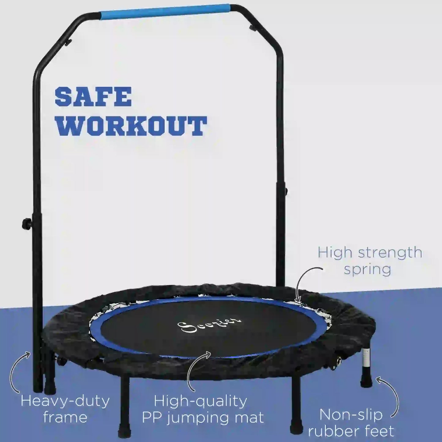 40" Foldable Mini Fitness Trampoline, Adjustable Foam Handle, Blue Trampolines at Gallery Canada
