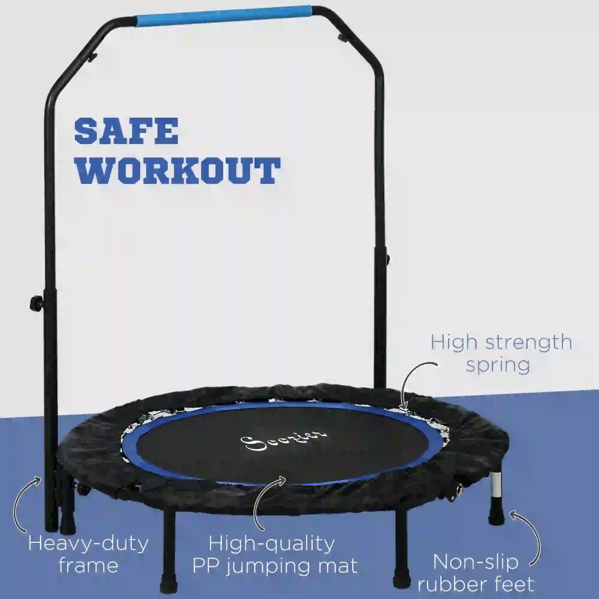 40" Foldable Mini Fitness Trampoline, Adjustable Foam Handle, Blue Trampolines at Gallery Canada