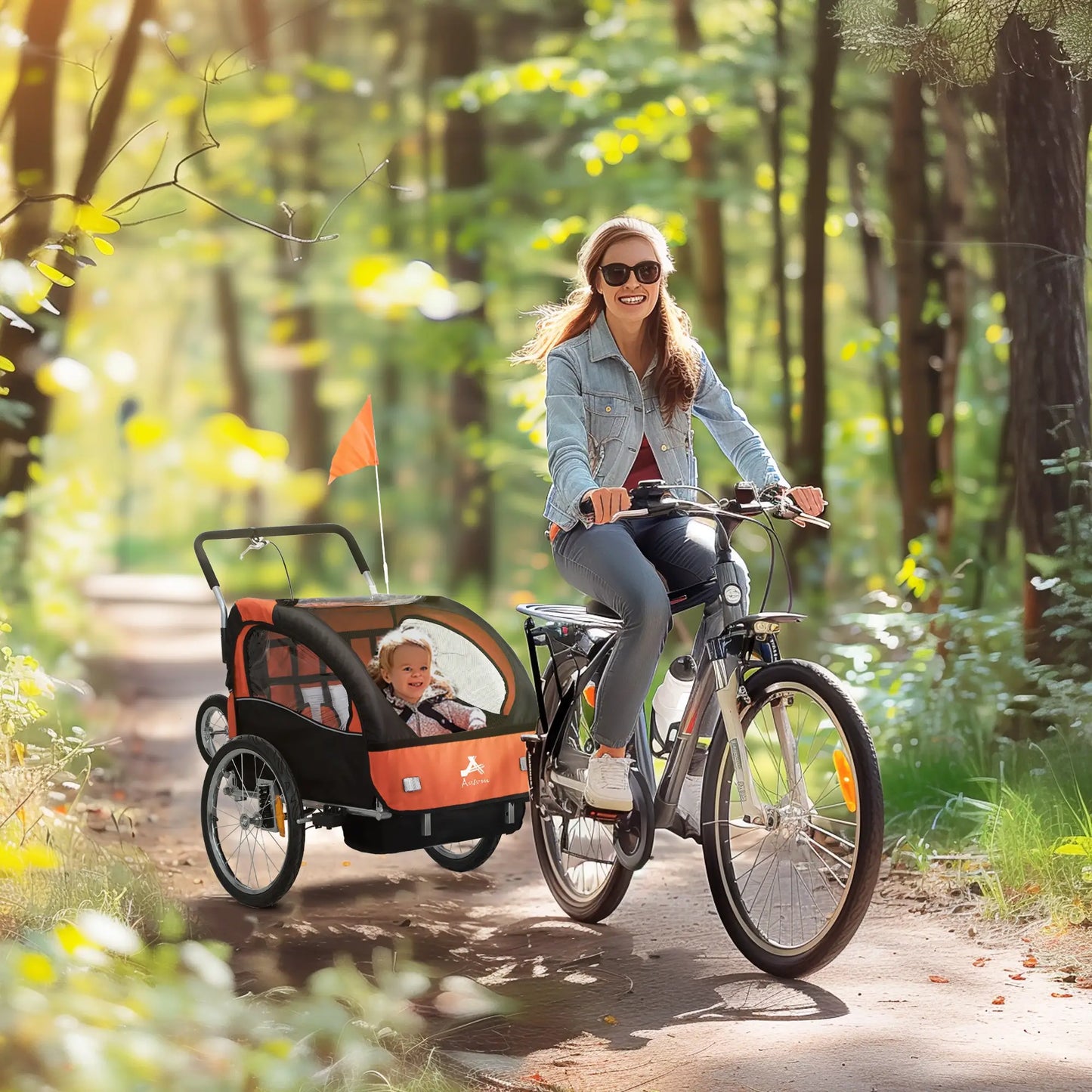 2-in-1 Bike Trailer for Kids, Foldable 2-Seat Baby Stroller with 5-Point Harness, Rubber Wheels, Storage Bag, Orange Kids Bike Trailers at Gallery Canada
