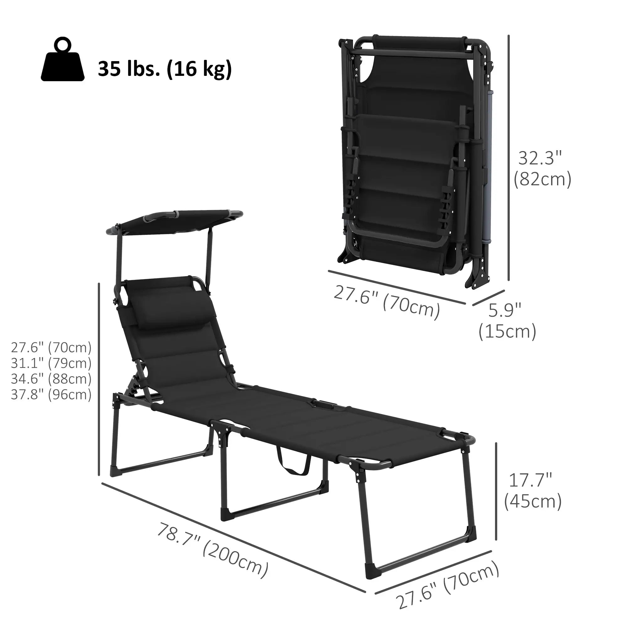 Folding Chaise Lounge, Adjustable Sunroof, Outdoor Quick Dry, Black Lounger Chairs at Gallery Canada